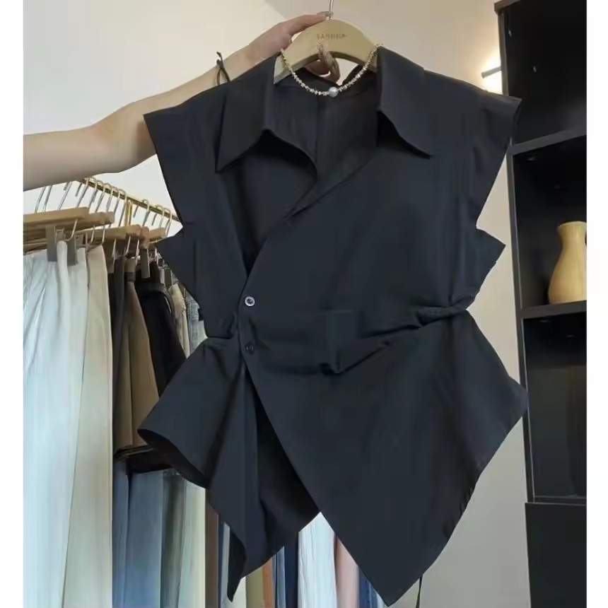 Shirt Camp Collar - French Solid Color Pleated Irregular POLO