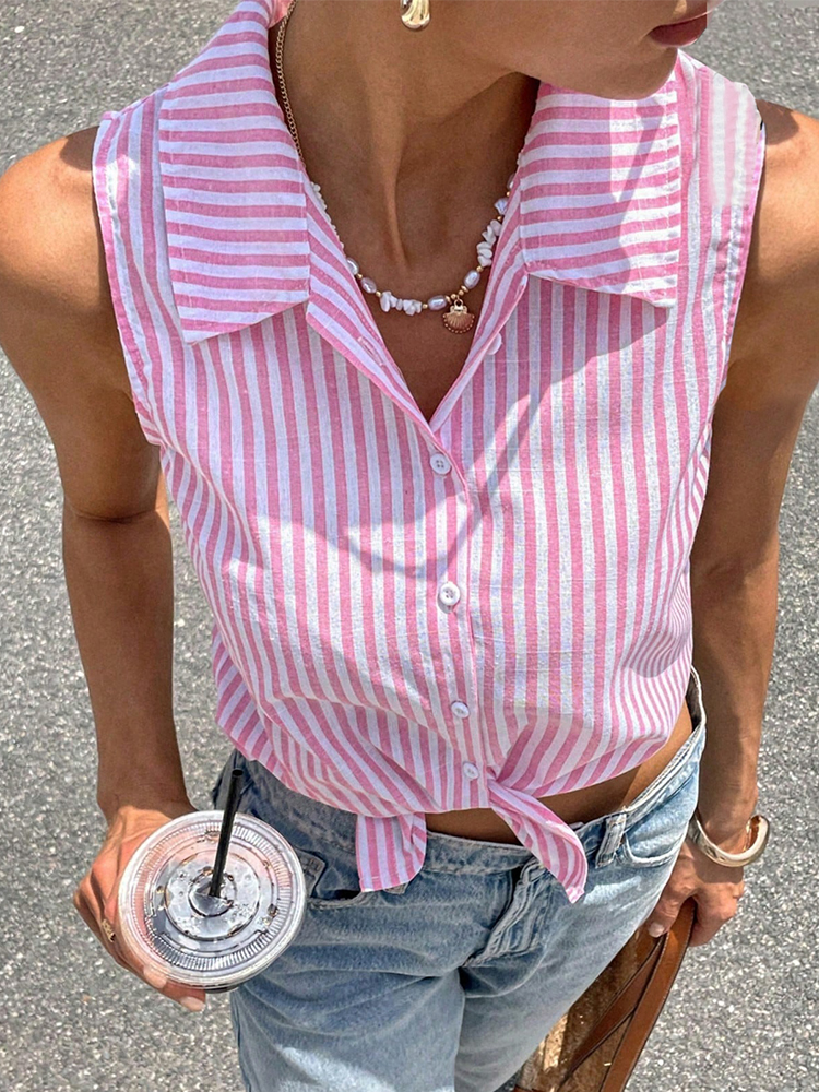 Shirt Camp Collar - Pink White Striped Sleeveless Shirt Women