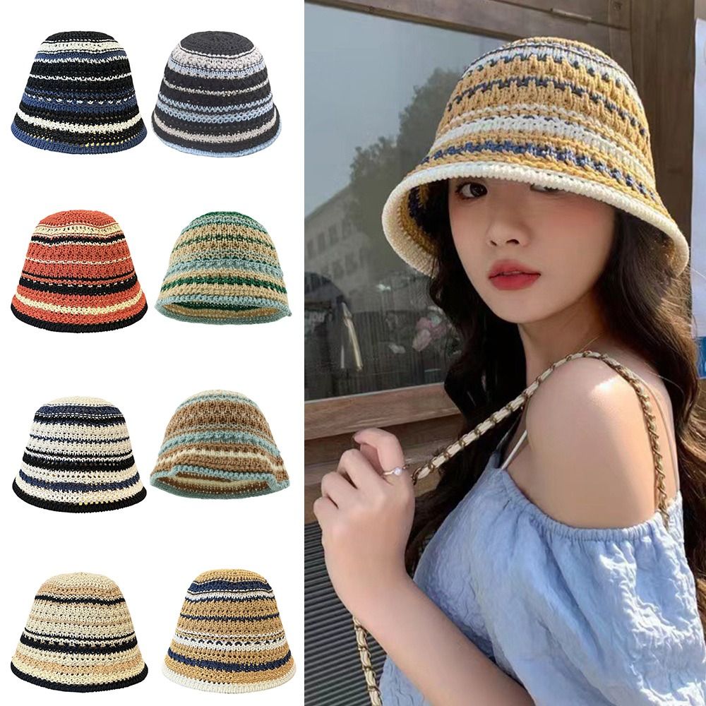 Bucket Hat Straw - Striped Knitted Hollow Fisherman Hat Big