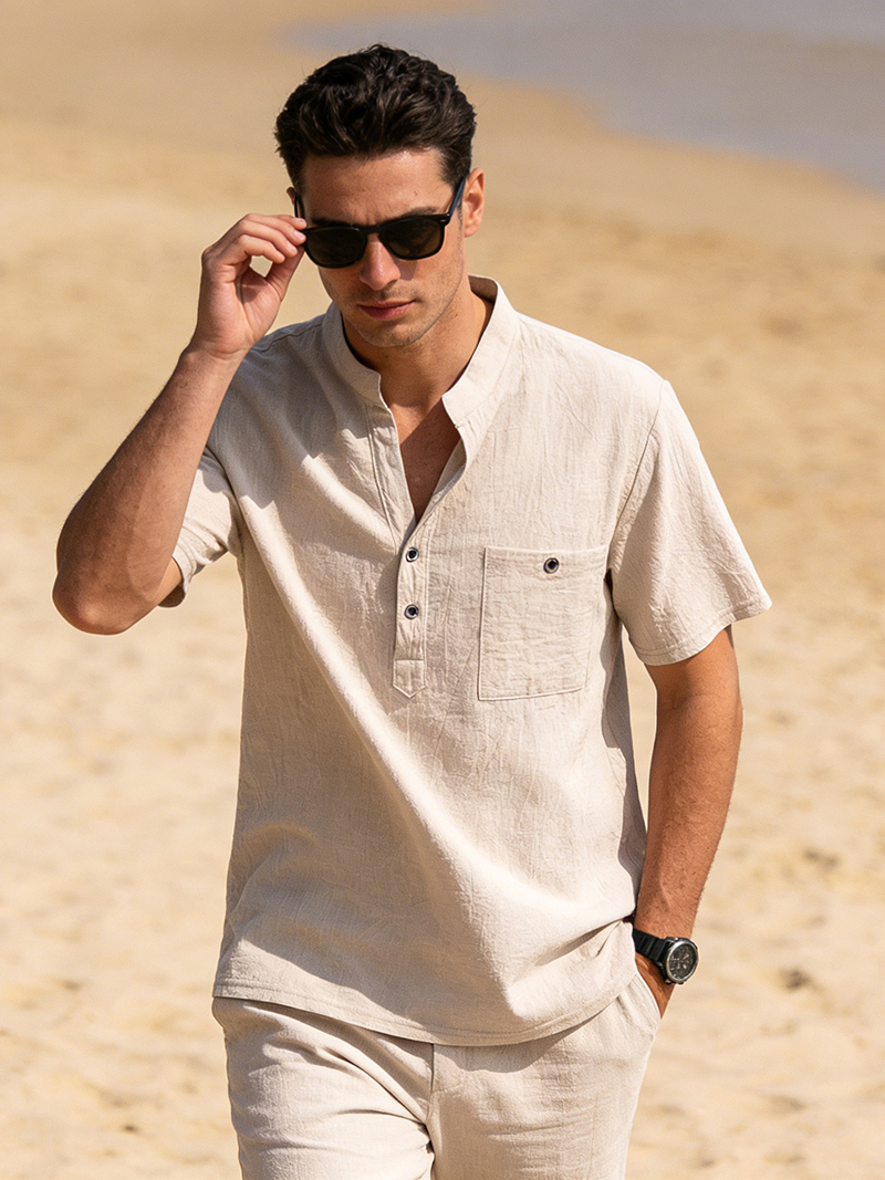 Men's Cotton Linen Henley Shir - Linen Shirt Breathable 리뷰 및 가격