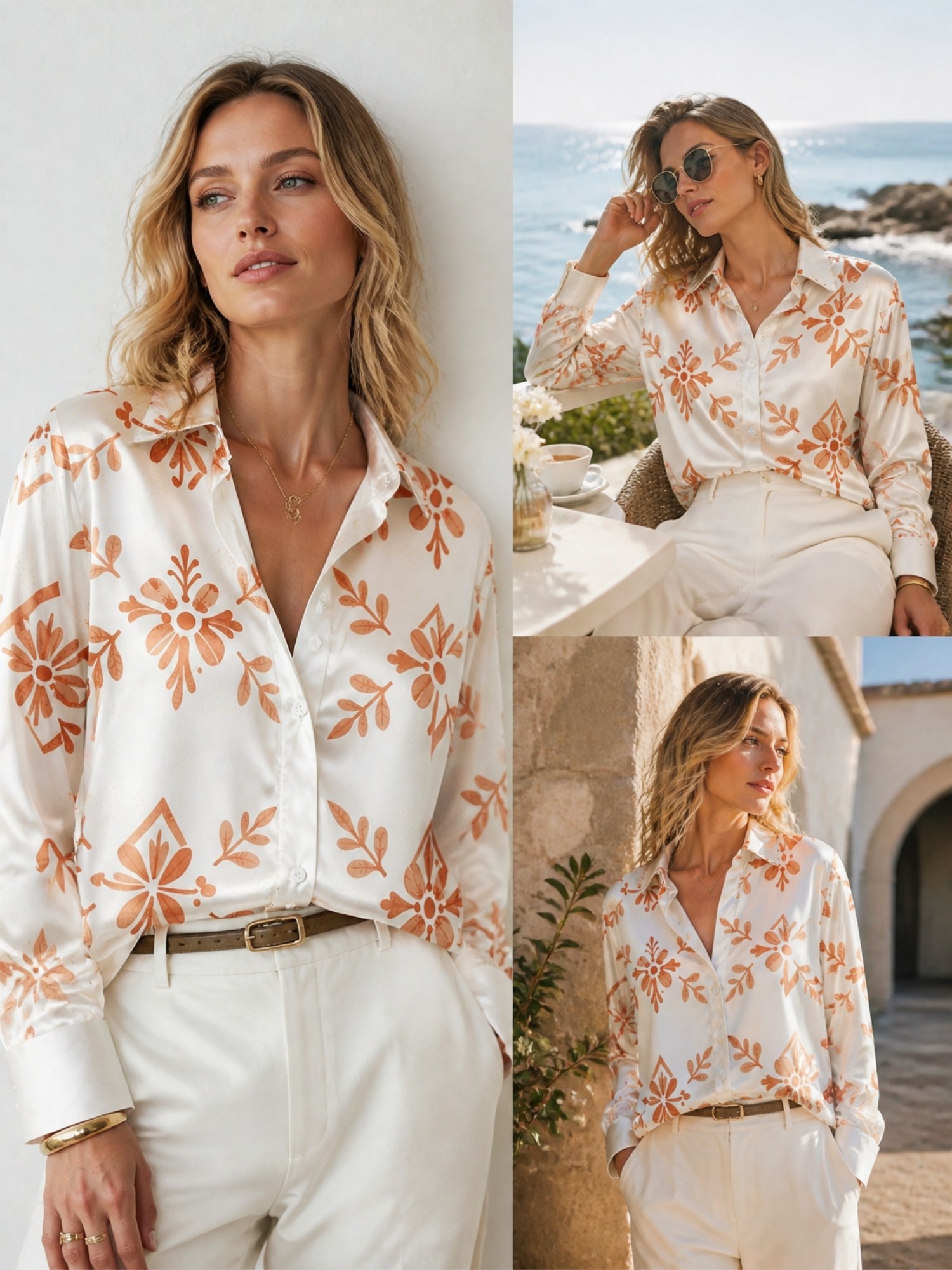 Cream Orange Floral Satin Blou - Resort Shirt Floral 리뷰 및 가격