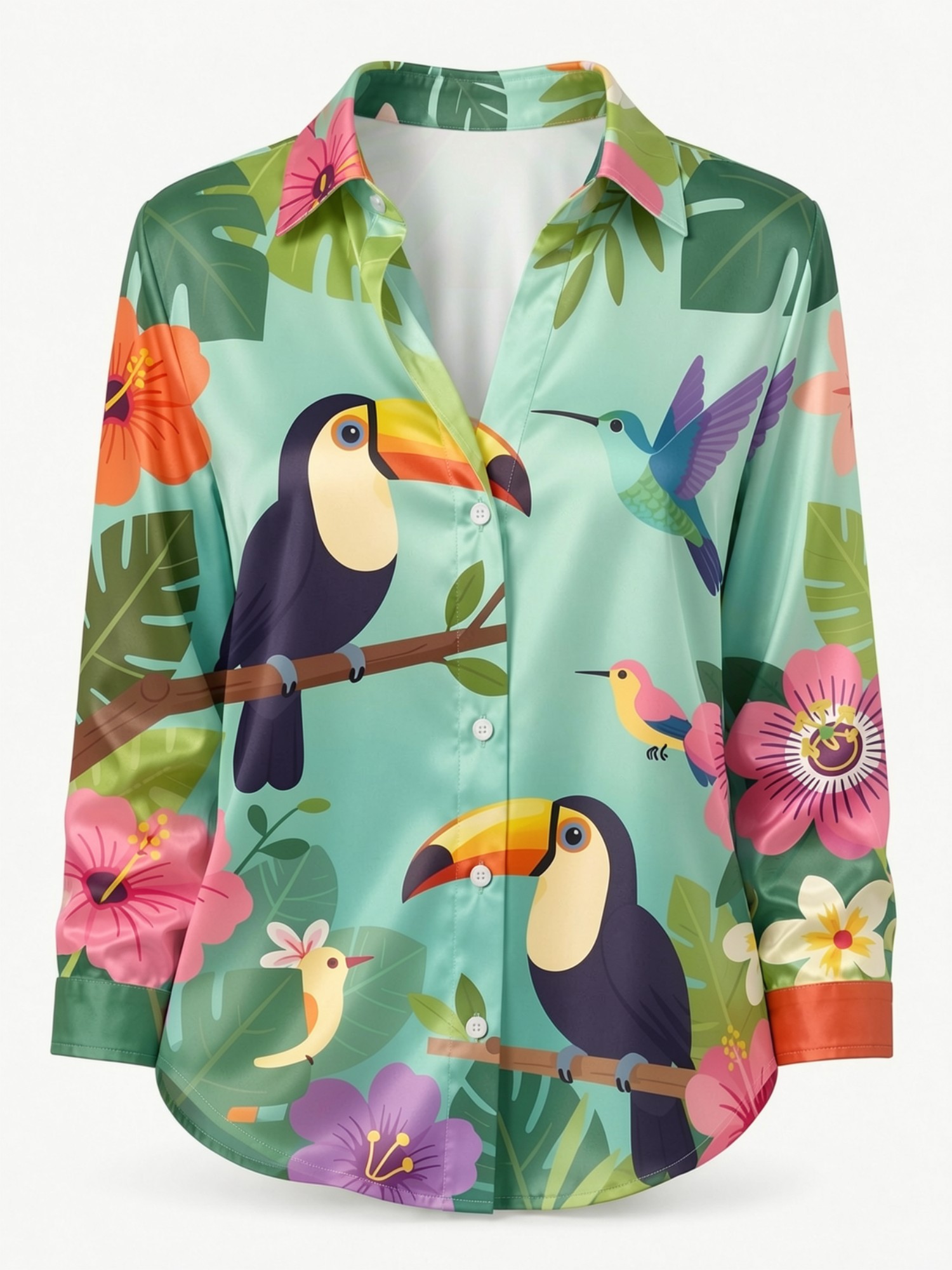 Mint Toucan Satin Button Shirt - Resort Shirt Floral 리뷰 및 가격