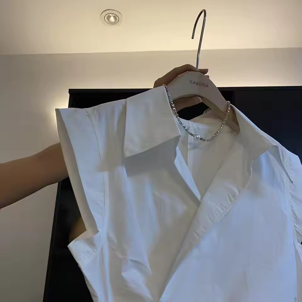French Solid Color Pleated Irr - Shirt Camp Collar 리뷰 및 가격