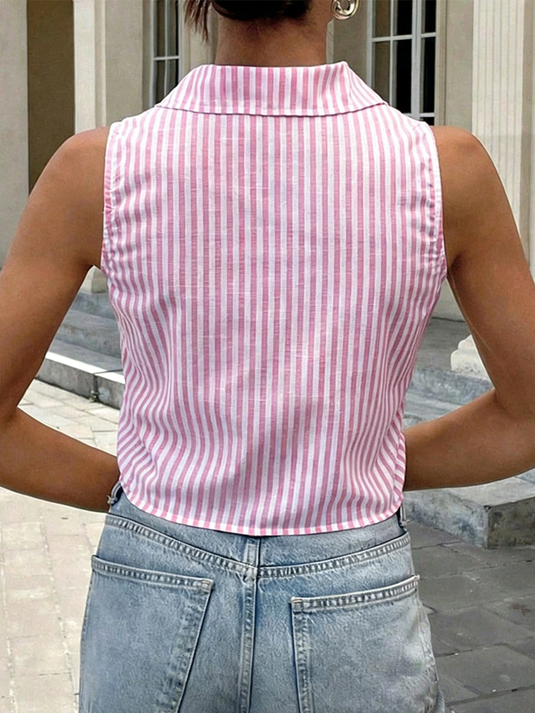 Pink White Striped Sleeveless  - Shirt Camp Collar 리뷰 및 가격