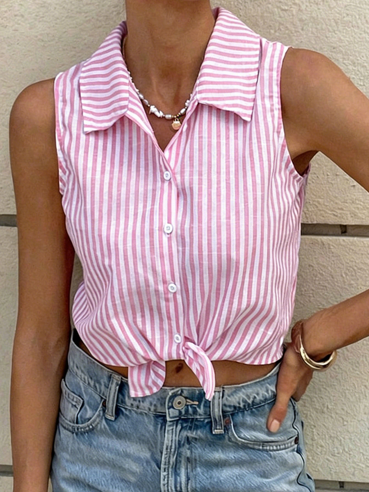 Pink White Striped Sleeveless  - Shirt Camp Collar 리뷰 및 가격