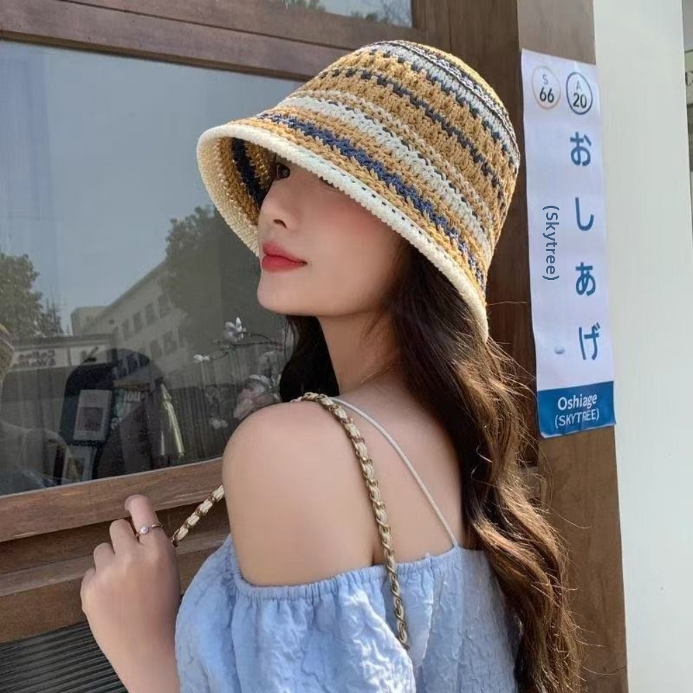 Striped Knitted Hollow Fisherm - Bucket Hat Straw 리뷰 및 가격