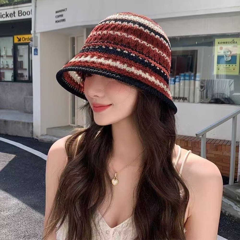 Striped Knitted Hollow Fisherm - Bucket Hat Straw 리뷰 및 가격