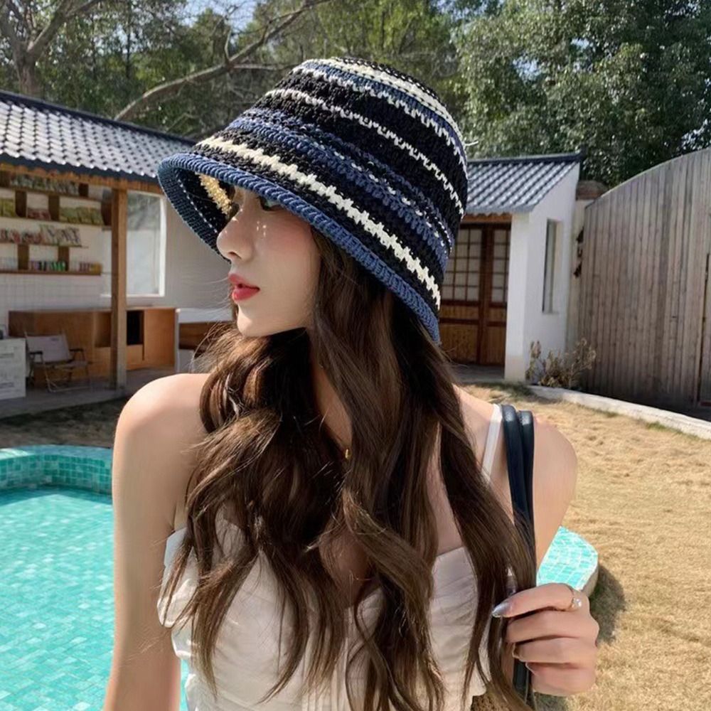 Striped Knitted Hollow Fisherm - Bucket Hat Straw 리뷰 및 가격