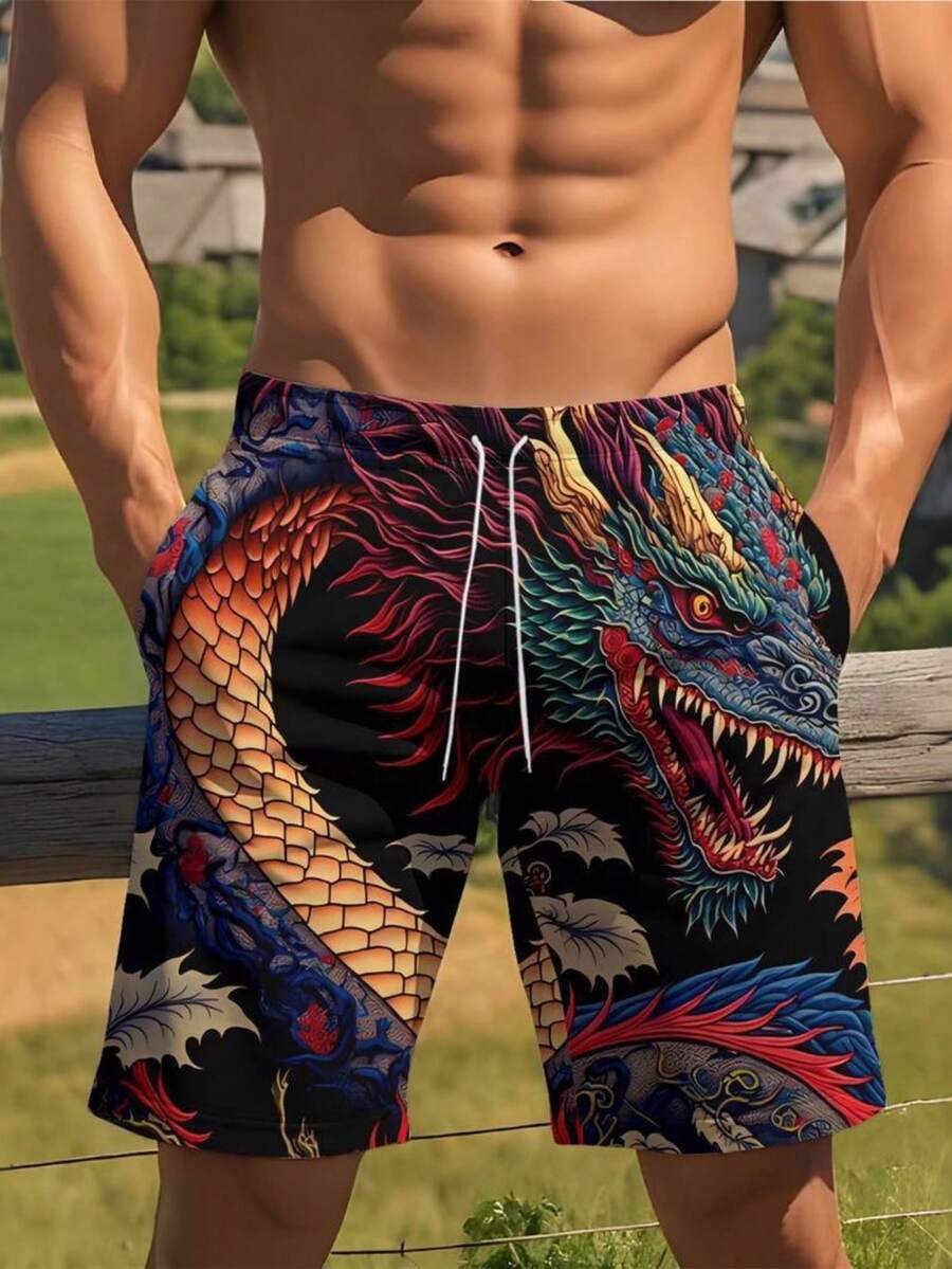 Mens Dragon Print Drawstring W - Swim Trunk Quick Dry 리뷰 및 가격