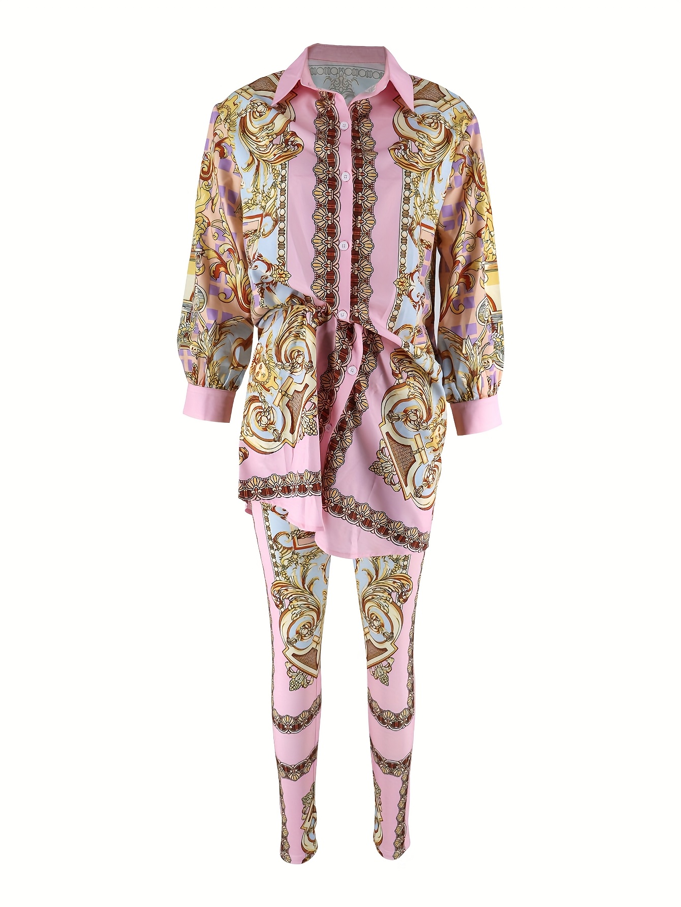 Women 2 Piece Set Ornate Print - Shirt Camp Collar 리뷰 및 가격