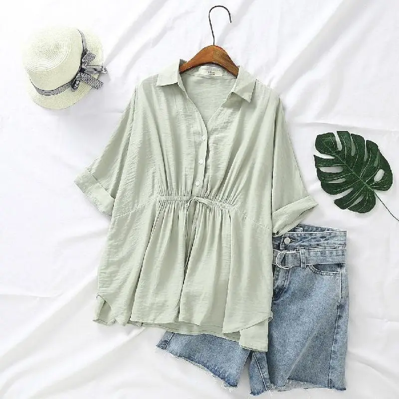 Korean Loose Blouses Women Fas - Short Linen Drawstring 리뷰 및 가격